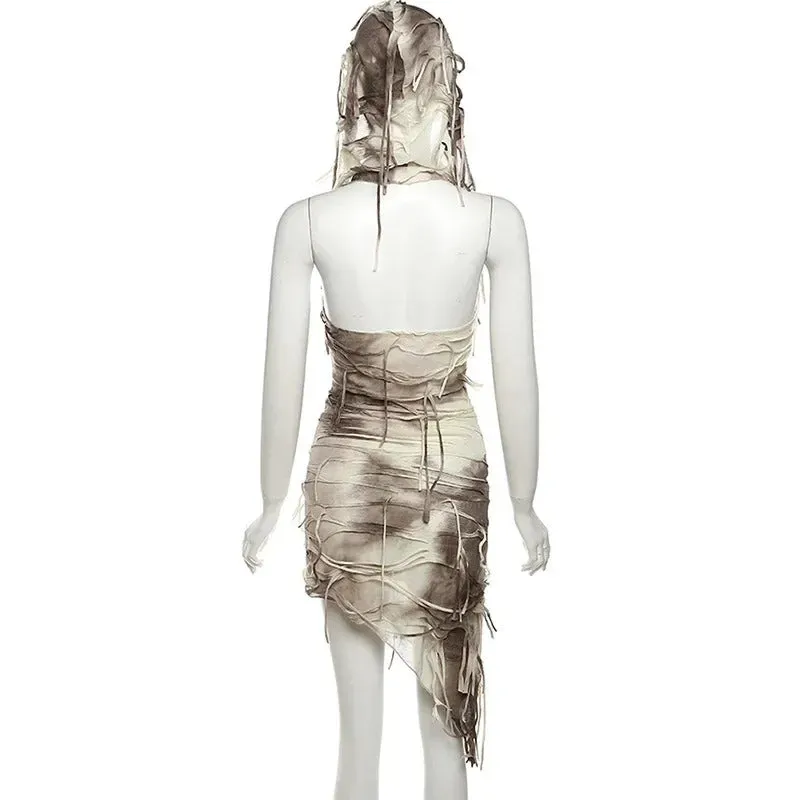Ephemeral Whispers Tie-Dye Dress - Gothic Vintage Tie Dye Print Slim Hooded Dresses Women Sexy Tassel Sleeveless Bodycon Club Party Mini Dress Streetwear